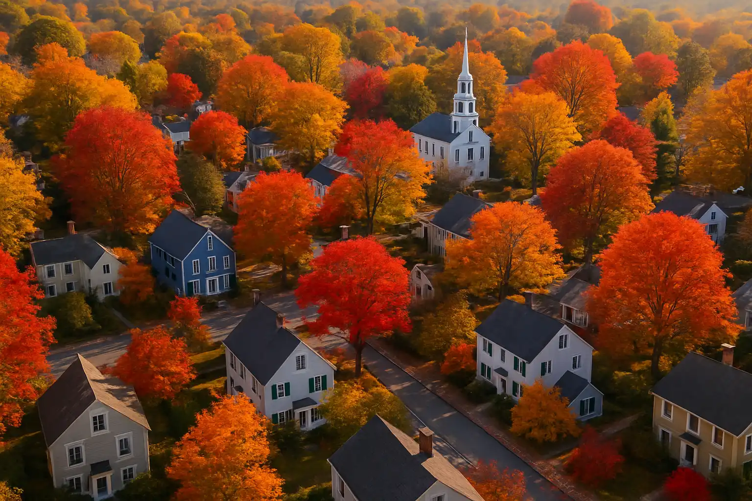 Aerial view of a New England town in autumn